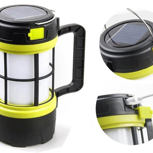 LED stovyklavimo lempa su saulės baterija